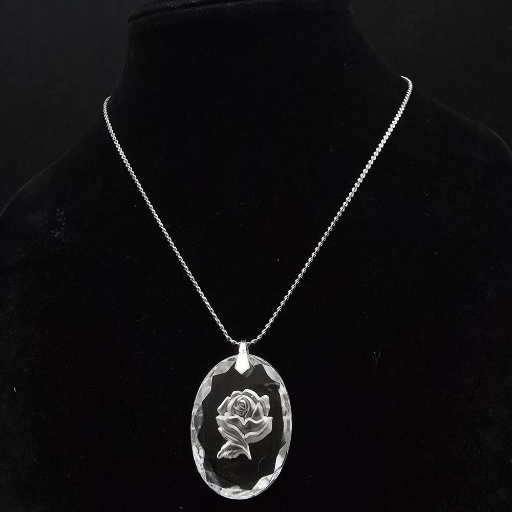 Reverse Carved Floral Lucite Pendant Necklace Silver Tone Chain Vintage